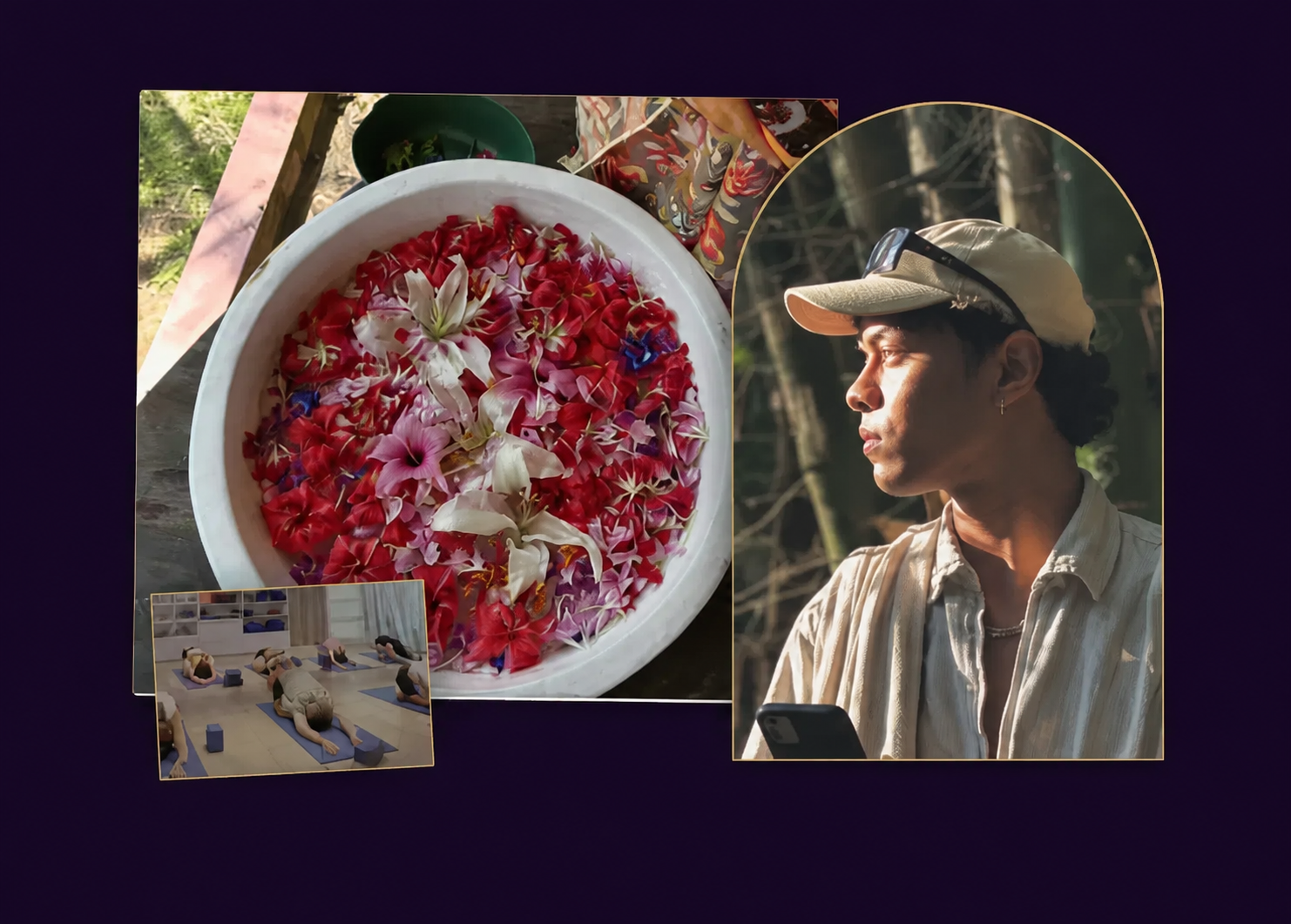 Collage de una ofrenda floral y retrato de Saranagatha Das
